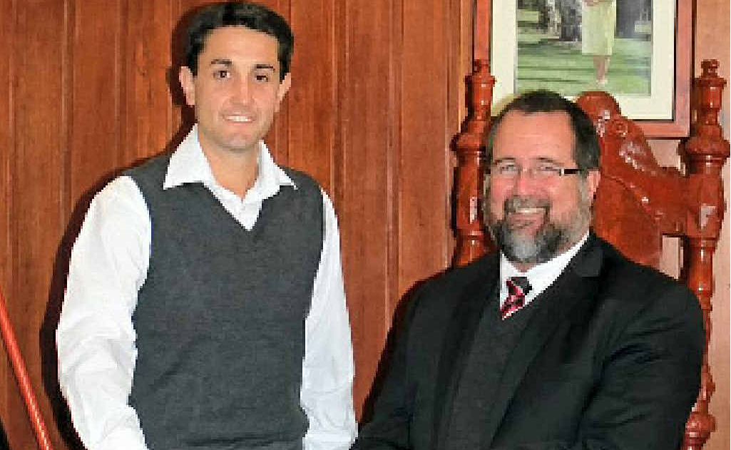 Queensland Minister for Local Government David Crisafulli and Southern Downs mayor Peter Blundell talk local business at a meeting yesterday.